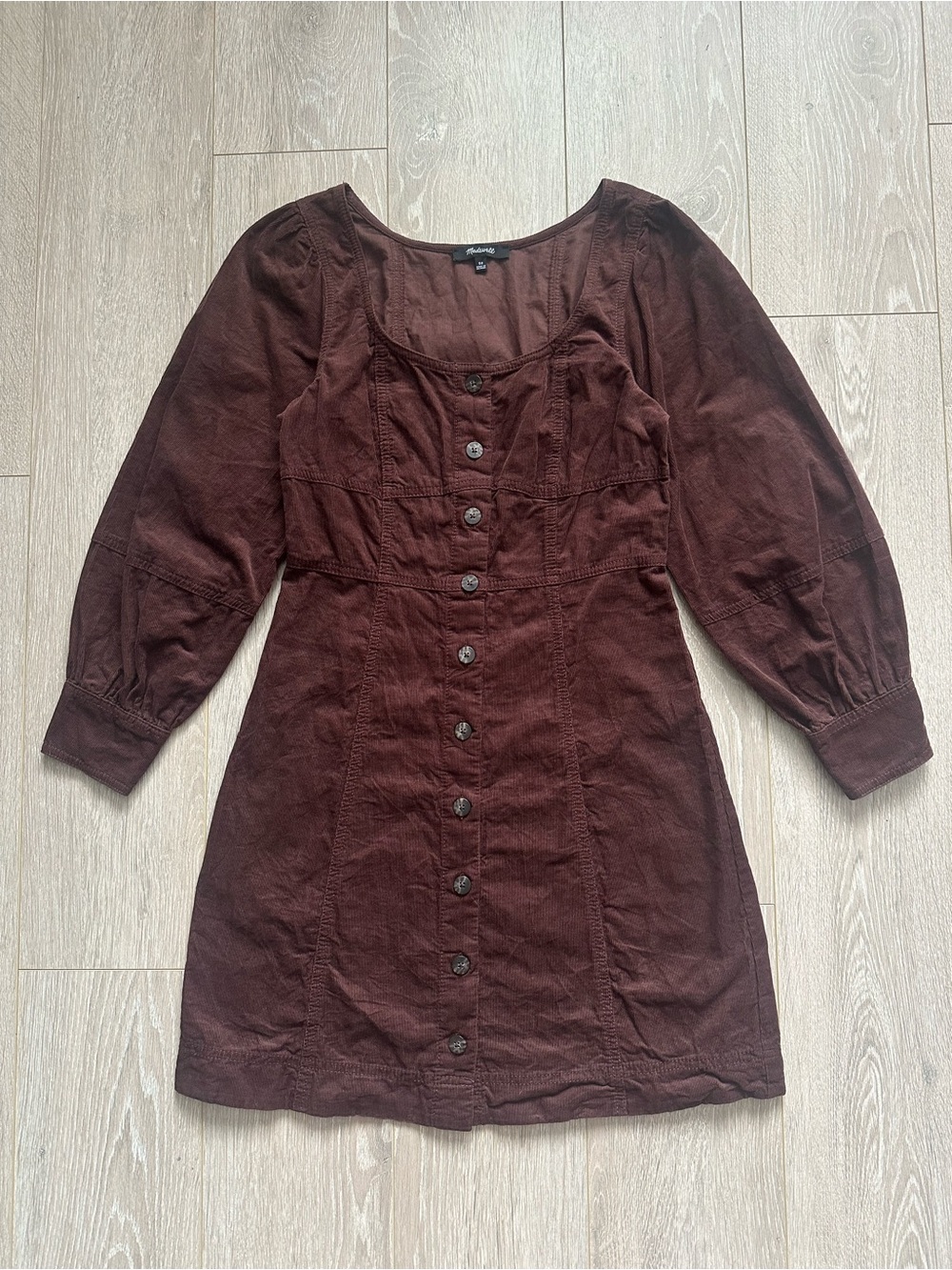 Madewell Dress Corduroy Seamed Long-Sleeve Mini Button Front Western Brown Sz 00 - Picture 3 of 13